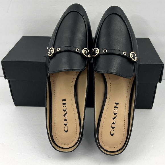 COACH BLACK ALL LEATHER IRENE MULE LOAFER EITH GOLD LOGO & HARDWARE, SIZE 7-B - Picture 15 of 16